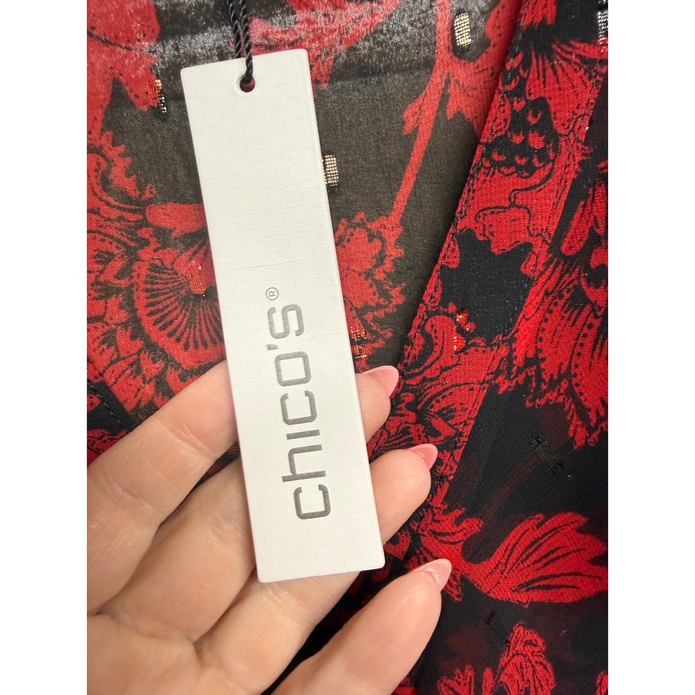 Chico's Carmine Red Ryne Bloom Ruffle Front Blouse Metallic Floral Top Size 3 16 - Picture 5 of 10